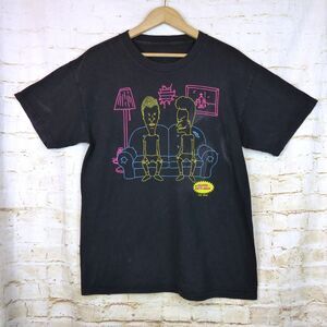 Beavis and Butthead T-Shirt Mens L Black Neon Line Art Graphic MTV 90s FLAW